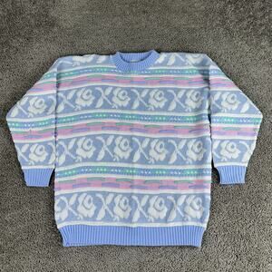Vintage ROSE Sweater Womens Large Floral 90s Made USA Lurex Pastel Pullover